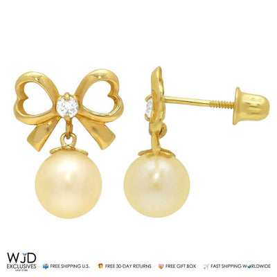 14K Yellow Gold 0.10Ct CZ Bow Tie Pearl Dangle Earrings 0.6"