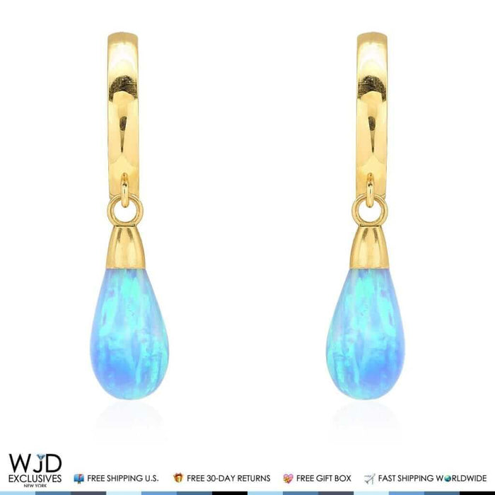 14K Yellow Gold Pear Shaped Sky Blue Fire Opal Huggie Hoop Dangle Earrings 1"