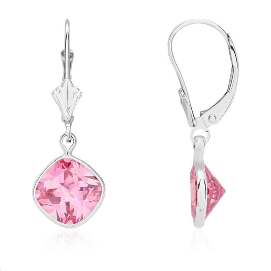 14k White Gold Square Bezel Simulated Birthstone  Drop Leverback Earrings