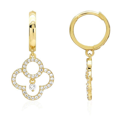 14k Yellow Gold 2.25Ct CZ Quatrefoil Dangle Huggie Hoop Earrings