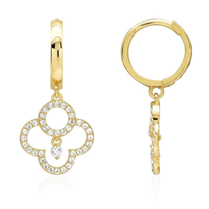 14k Yellow Gold 2.25Ct CZ Quatrefoil Dangle Huggie Hoop Earrings