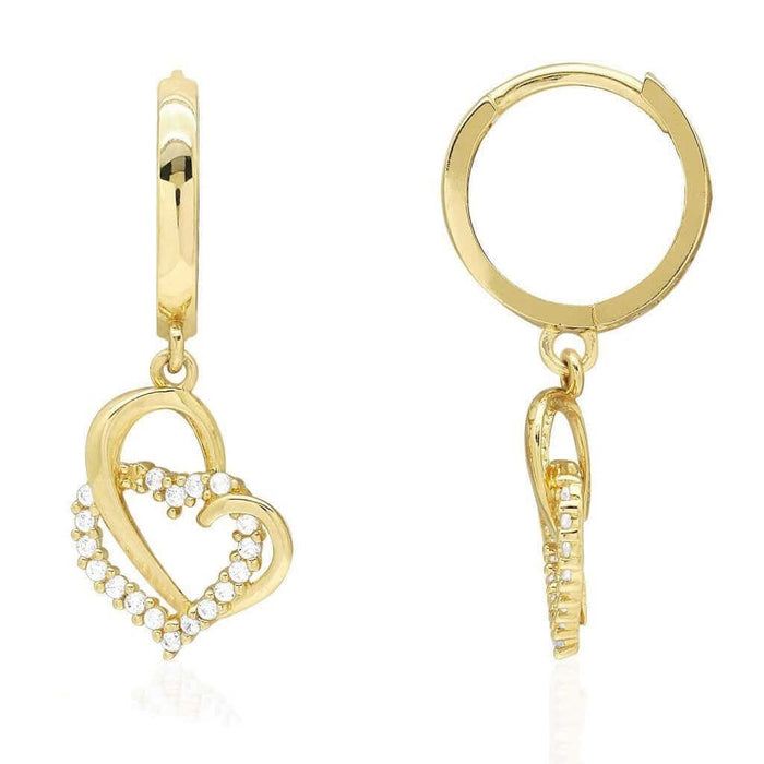 14k Yellow Gold 1.20CTW CZ Heart Dangle Huggie Hoop Earrings