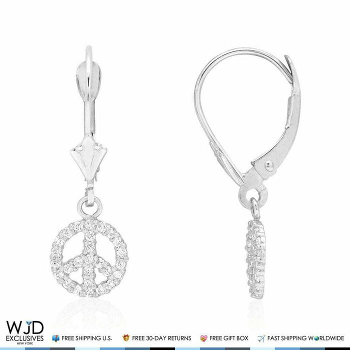 0.60Ct CZ 14K Yellow White Gold Peace Leverback Earrings 24mm