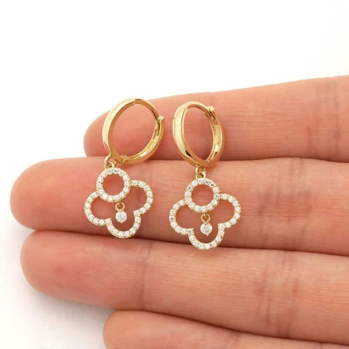14k Yellow Gold 2.25Ct CZ Quatrefoil Dangle Huggie Hoop Earrings