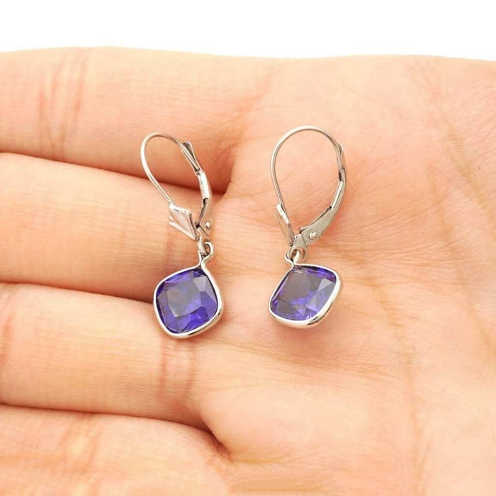 14k White Gold Square Bezel Birthstone Drop Leverback Earrings