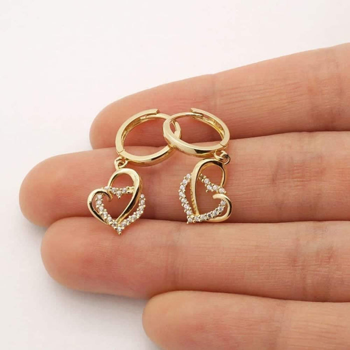14k Yellow Gold 1.20CTW CZ Heart Dangle Huggie Hoop Earrings