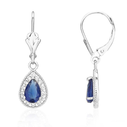 14K White Gold SimulatedBirthstone Halo Teardrop  Leverback Earrings