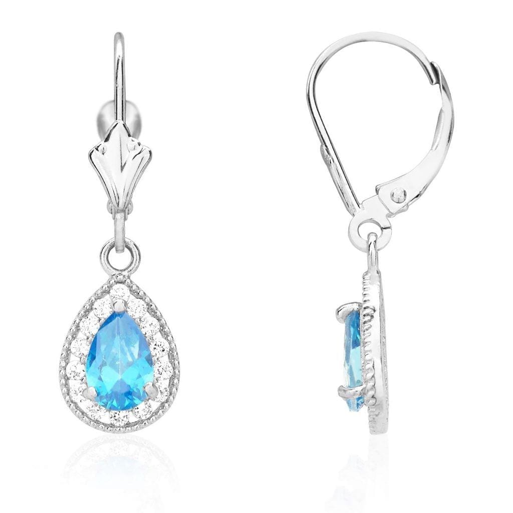14K White Gold SimulatedBirthstone Halo Teardrop  Leverback Earrings