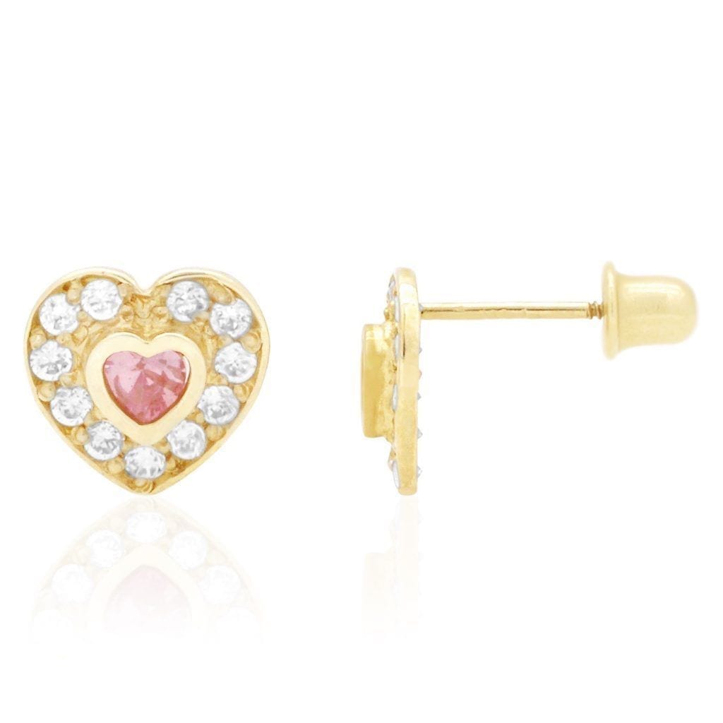 14k Yellow Gold White Gold Bezel Birthstone Heart Screw Back Earrings