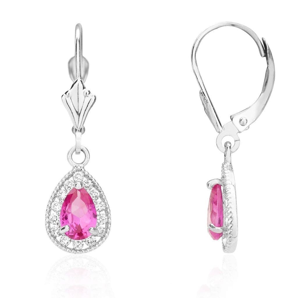 14K White Gold SimulatedBirthstone Halo Teardrop  Leverback Earrings