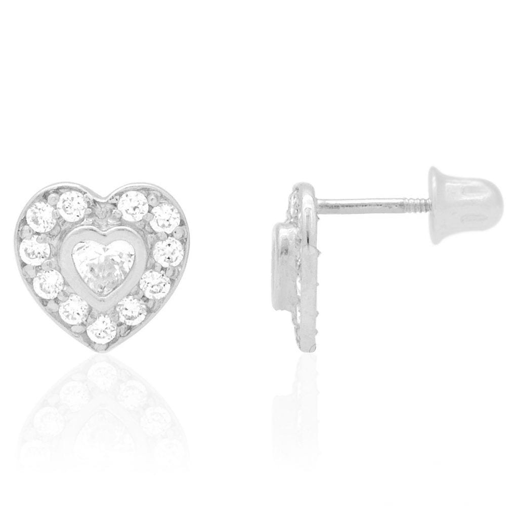 14k Yellow Gold White Gold Bezel Birthstone Heart Screw Back Earrings