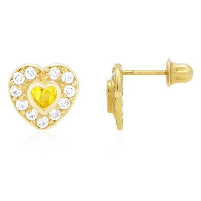 14k Yellow Gold White Gold Bezel Birthstone Heart Screw Back Earrings