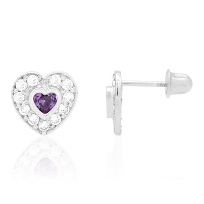 14k Yellow Gold White Gold Bezel Birthstone Heart Screw Back Earrings