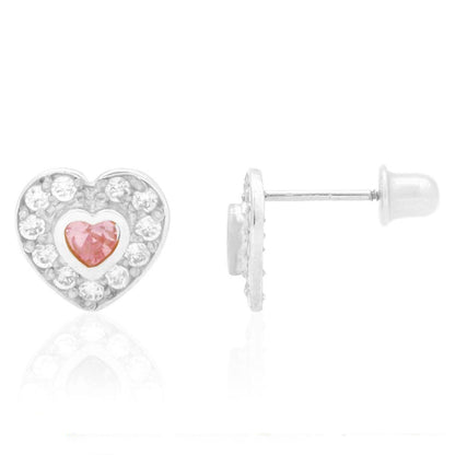 14k Yellow Gold White Gold Bezel Birthstone Heart Screw Back Earrings