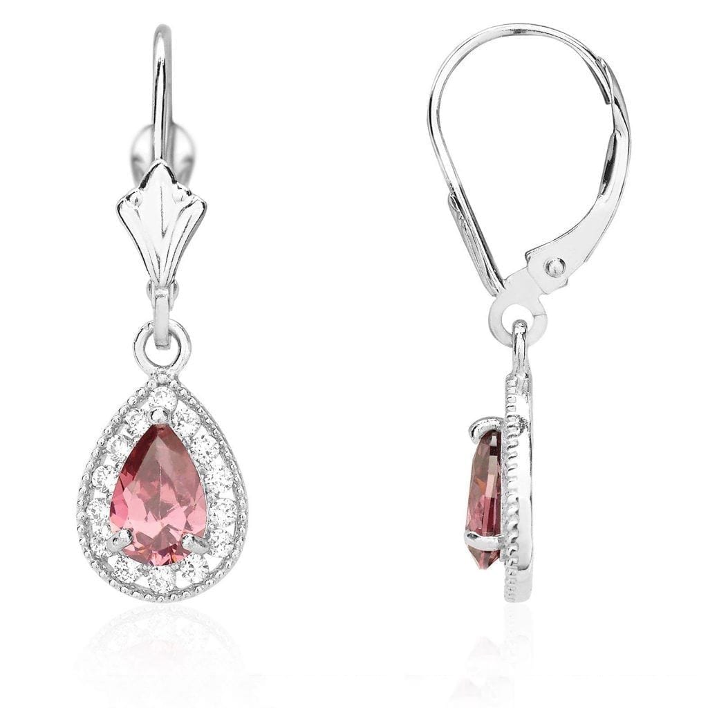 14K White Gold SimulatedBirthstone Halo Teardrop  Leverback Earrings