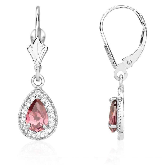 14K White Gold SimulatedBirthstone Halo Teardrop Leverback Earrings