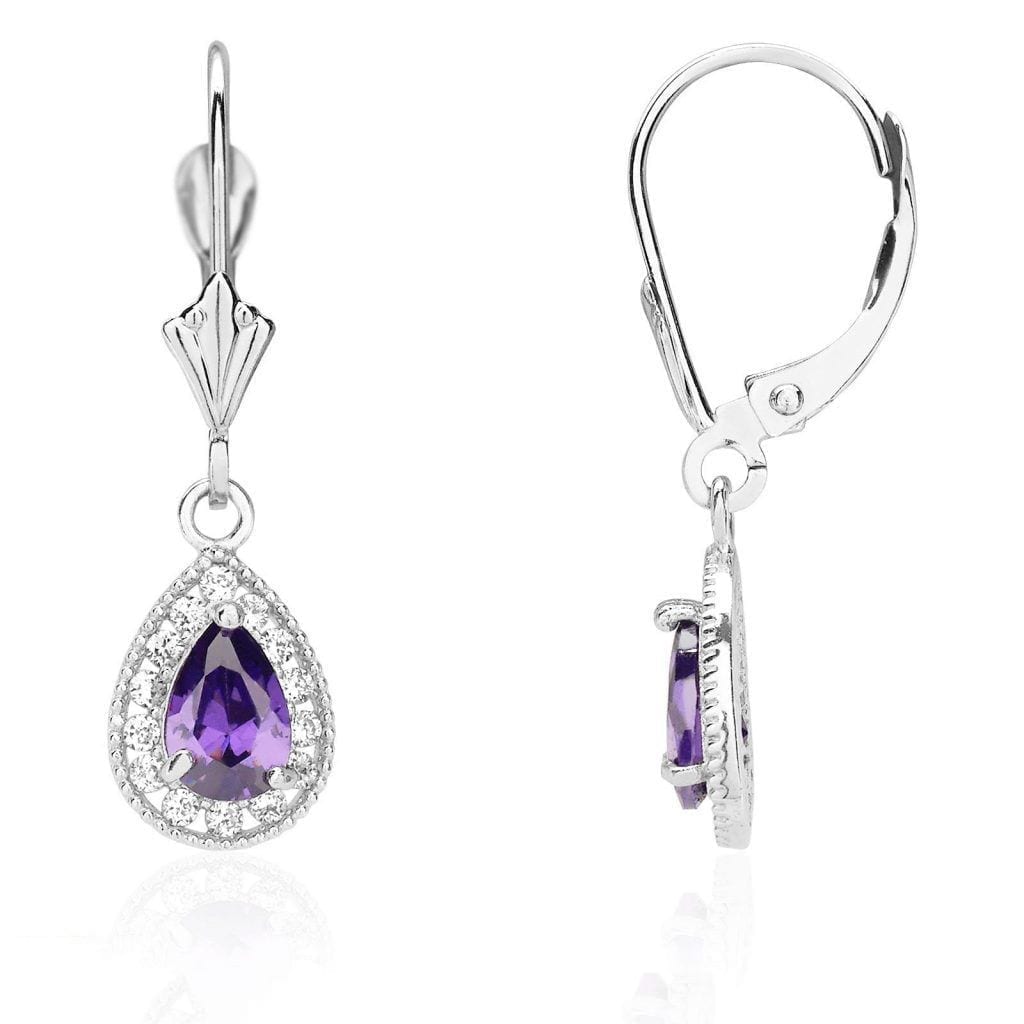14K White Gold SimulatedBirthstone Halo Teardrop  Leverback Earrings