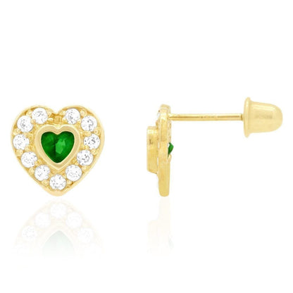 14k Yellow Gold White Gold Bezel Birthstone Heart Screw Back Earrings
