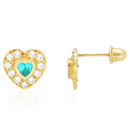 14k Yellow Gold White Gold Bezel Birthstone Heart Screw Back Earrings
