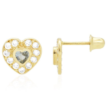 14k Yellow Gold White Gold Bezel Birthstone Heart Screw Back Earrings