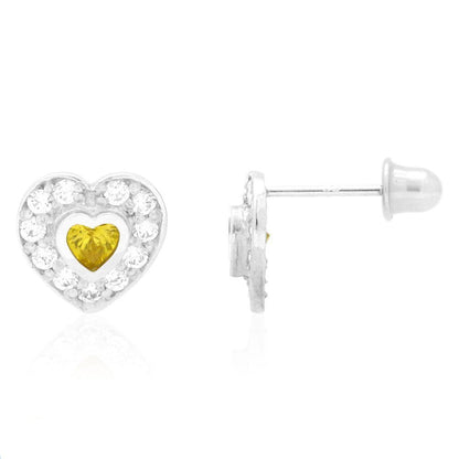 14k Yellow Gold White Gold Bezel Birthstone Heart Screw Back Earrings