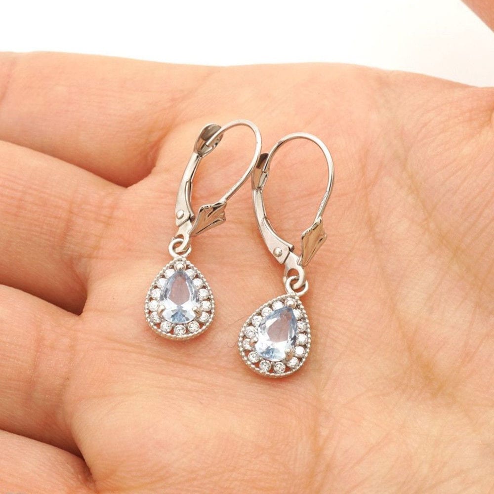 14K White Gold SimulatedBirthstone Halo Teardrop  Leverback Earrings
