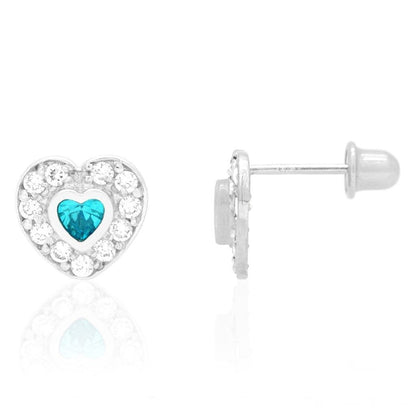 14k Yellow Gold White Gold Bezel Birthstone Heart Screw Back Earrings