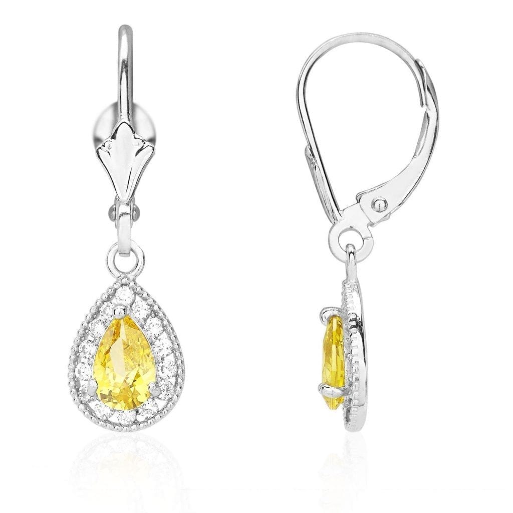 14K White Gold SimulatedBirthstone Halo Teardrop  Leverback Earrings
