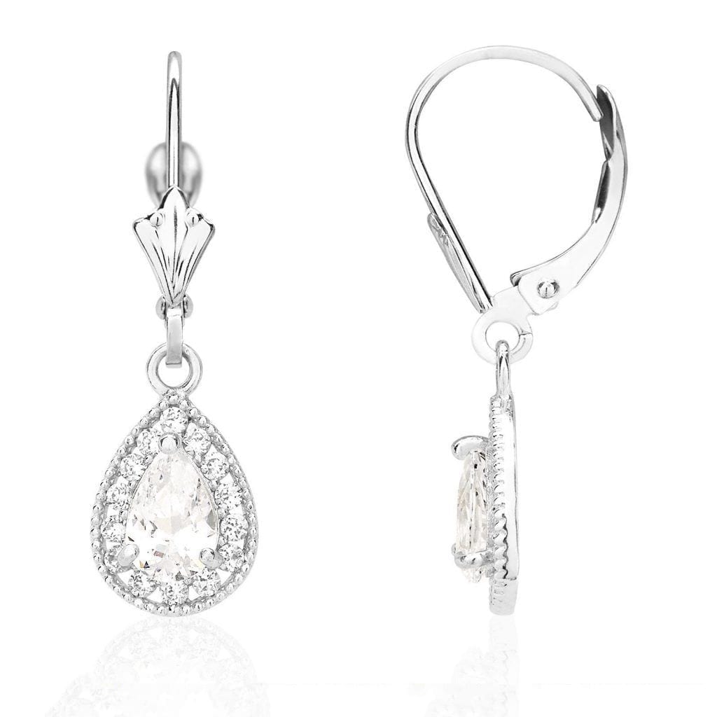 14K White Gold SimulatedBirthstone Halo Teardrop  Leverback Earrings