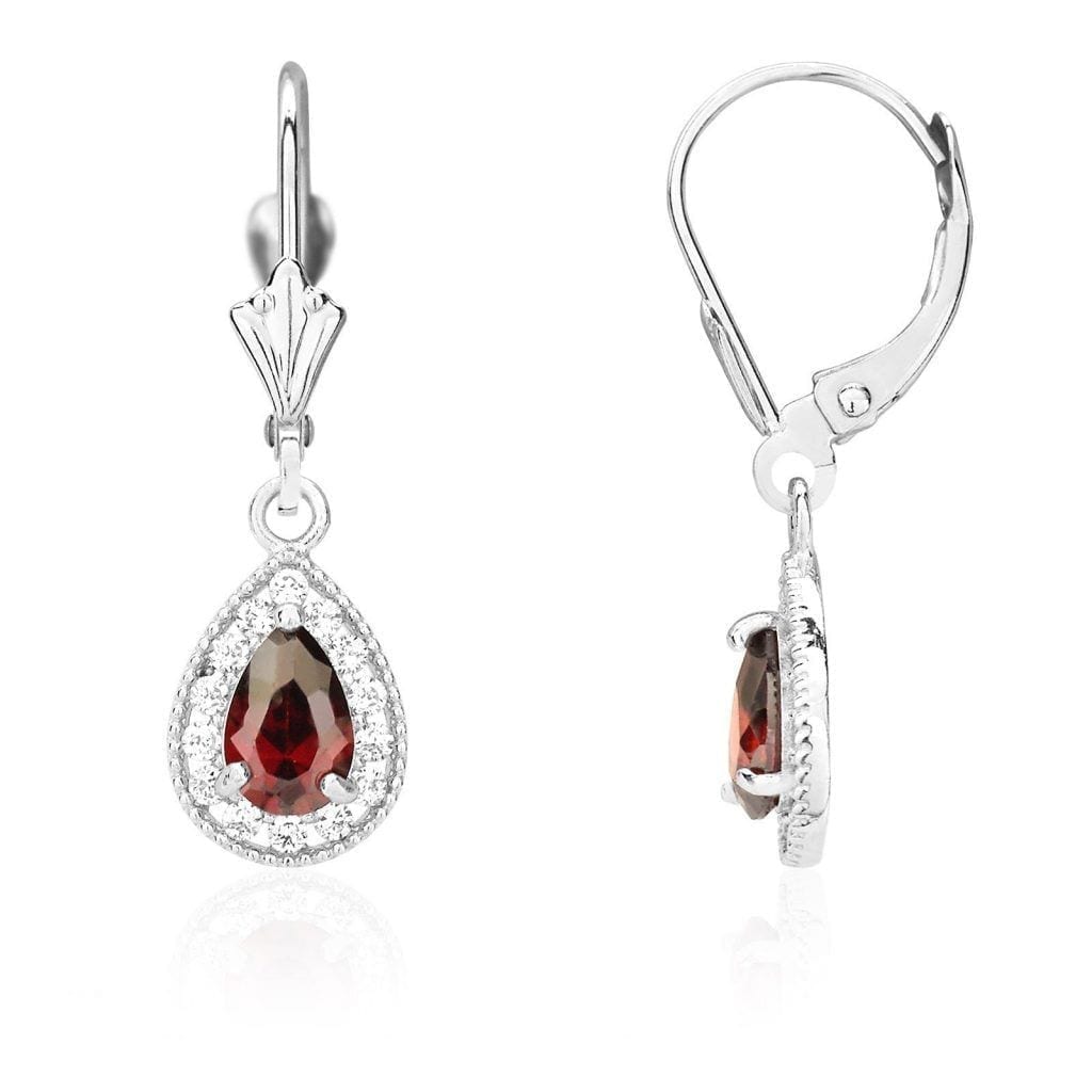 14K White Gold SimulatedBirthstone Halo Teardrop  Leverback Earrings