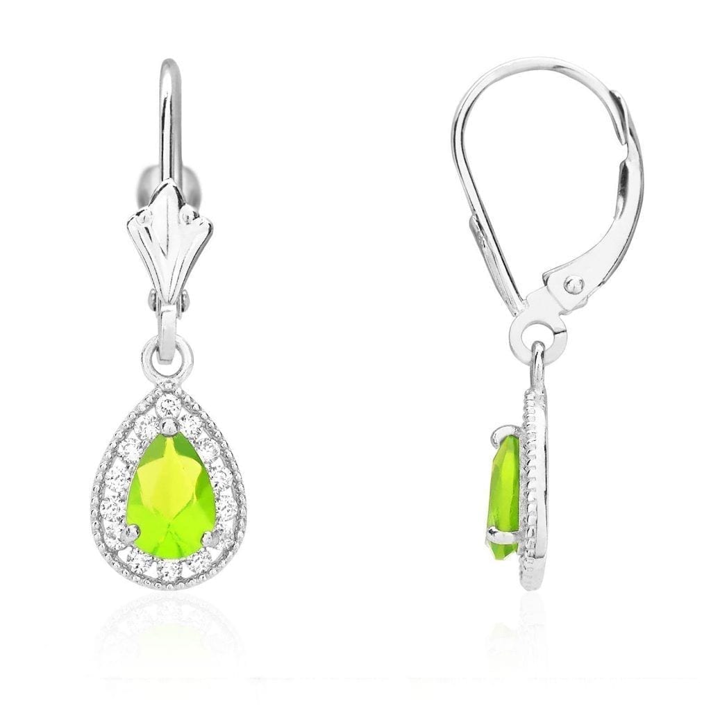 14K White Gold SimulatedBirthstone Halo Teardrop  Leverback Earrings