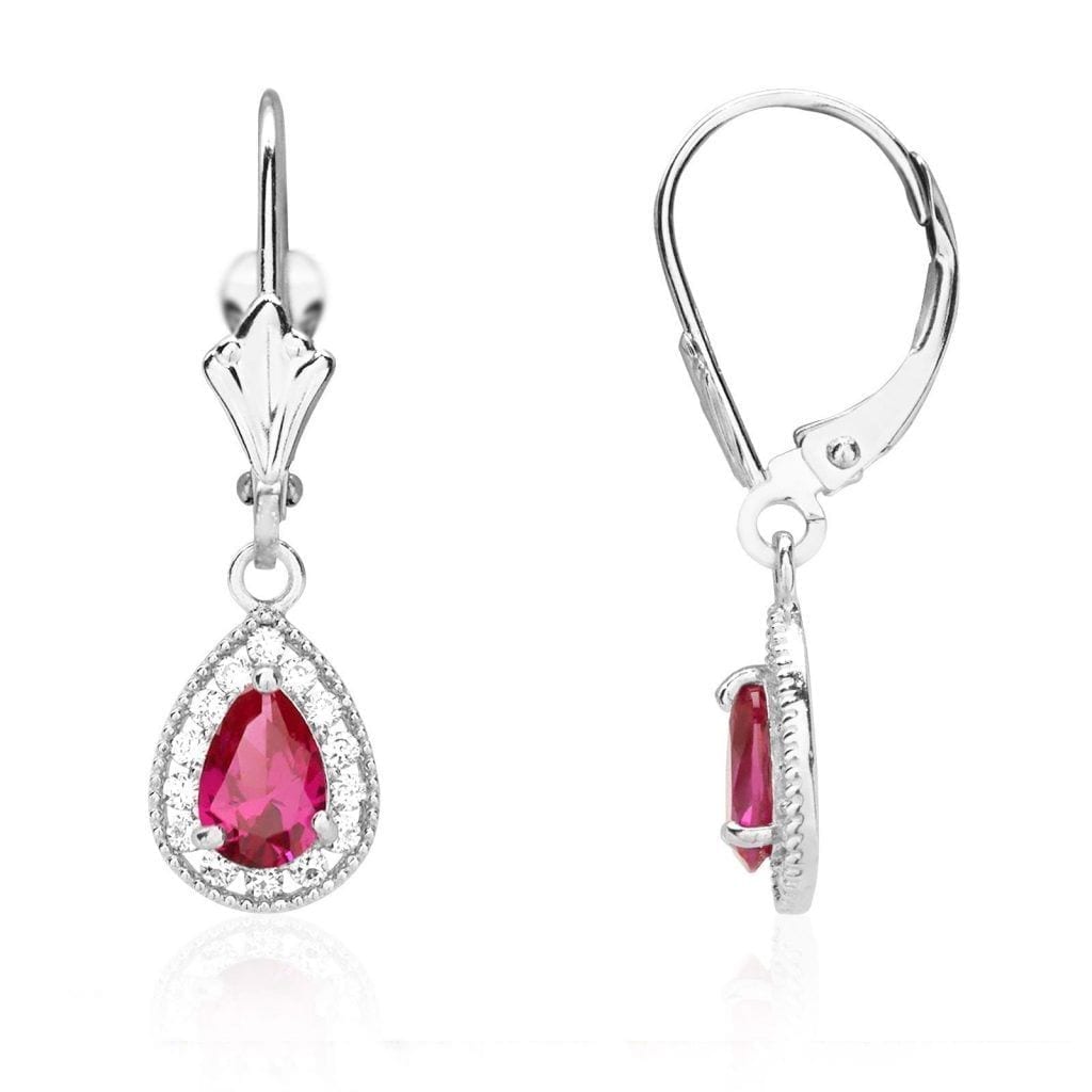 14K White Gold SimulatedBirthstone Halo Teardrop  Leverback Earrings
