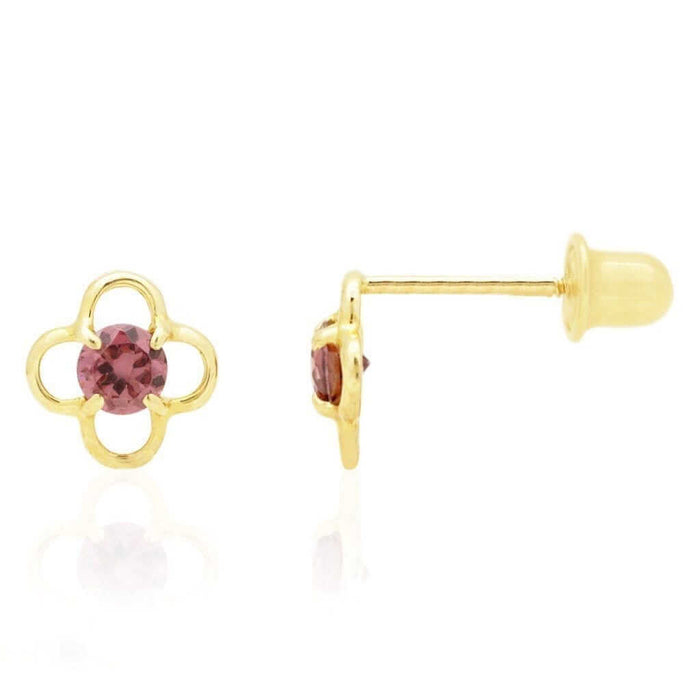 14k Yellow Gold Round Birthstone Quatrefoil Stud Screw Back Earrings