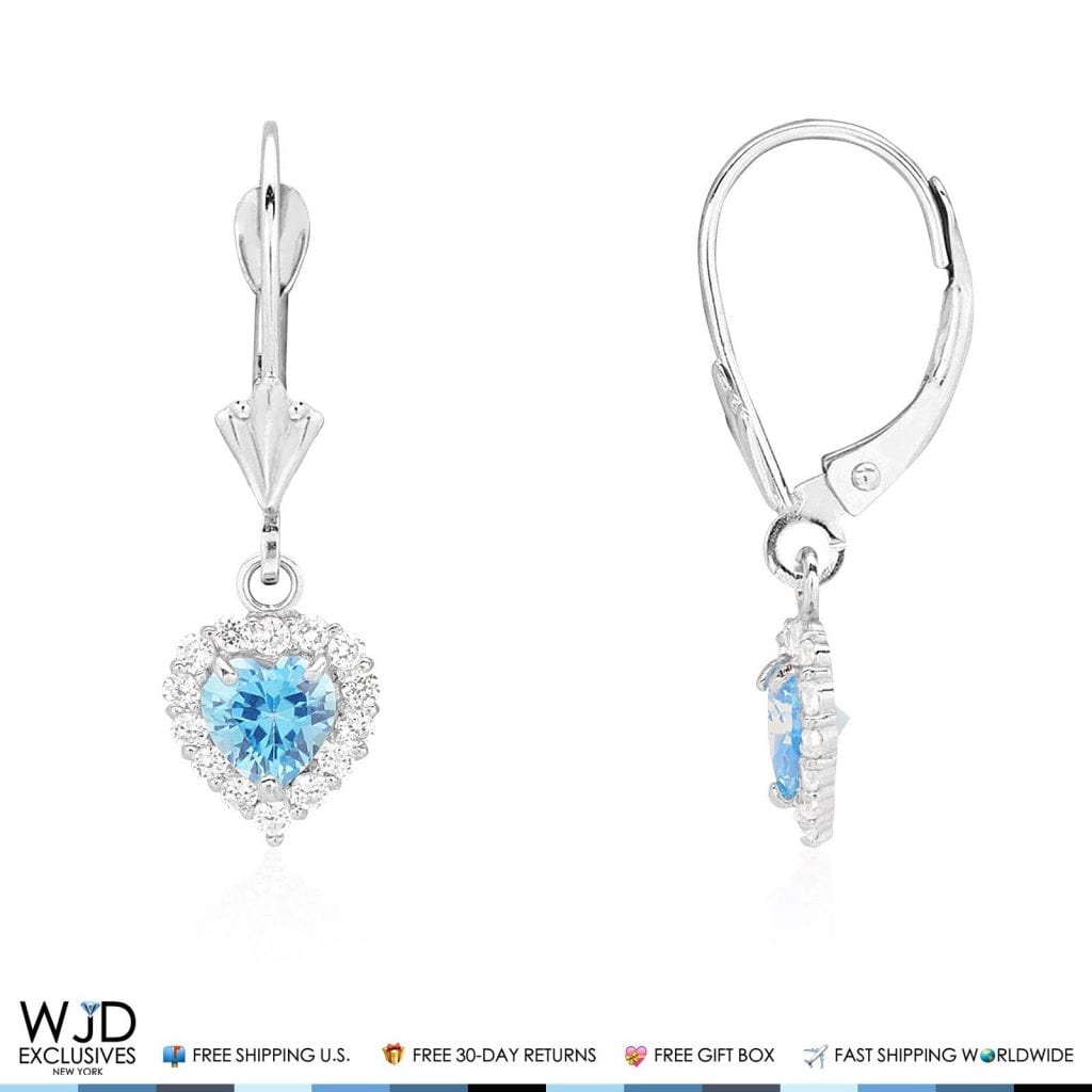 1Ct CZ 14K White Gold Blue Topaz Heart Dangle Leverback Earrings