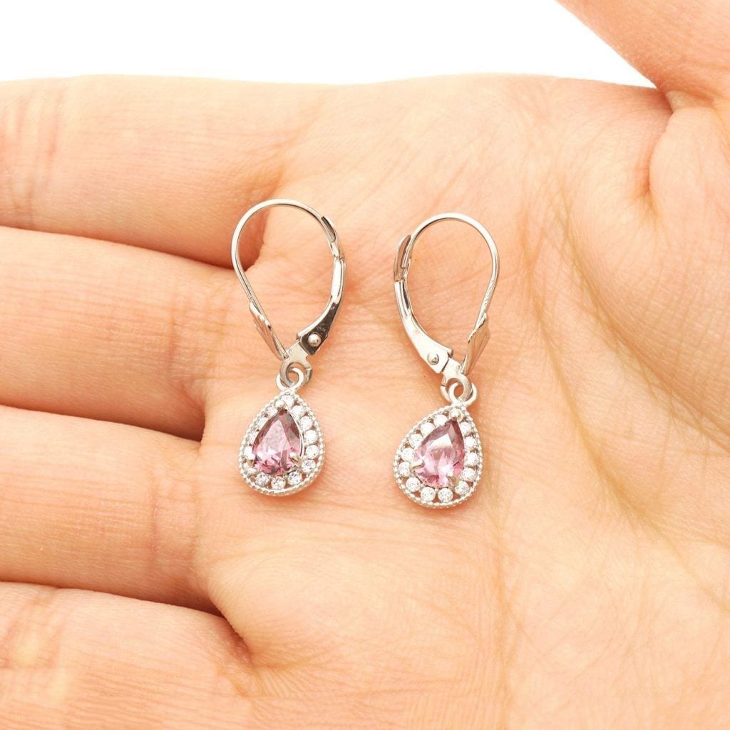 14K White Gold SimulatedBirthstone Halo Teardrop  Leverback Earrings