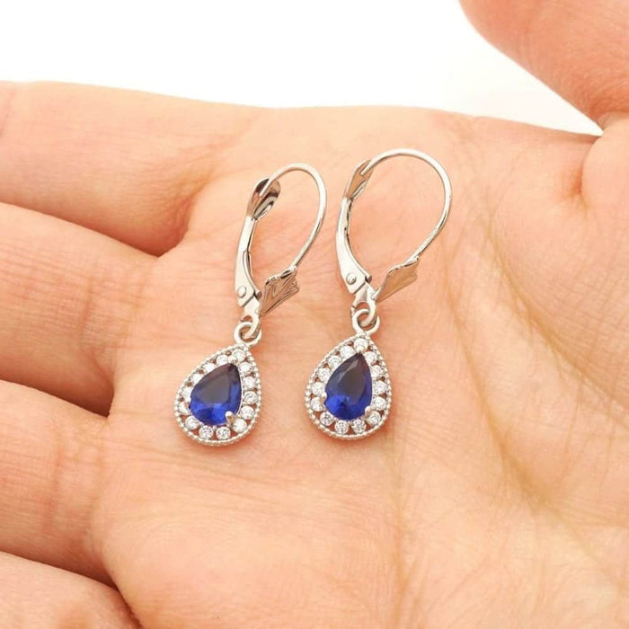 14K White Gold SimulatedBirthstone Halo Teardrop Leverback Earrings
