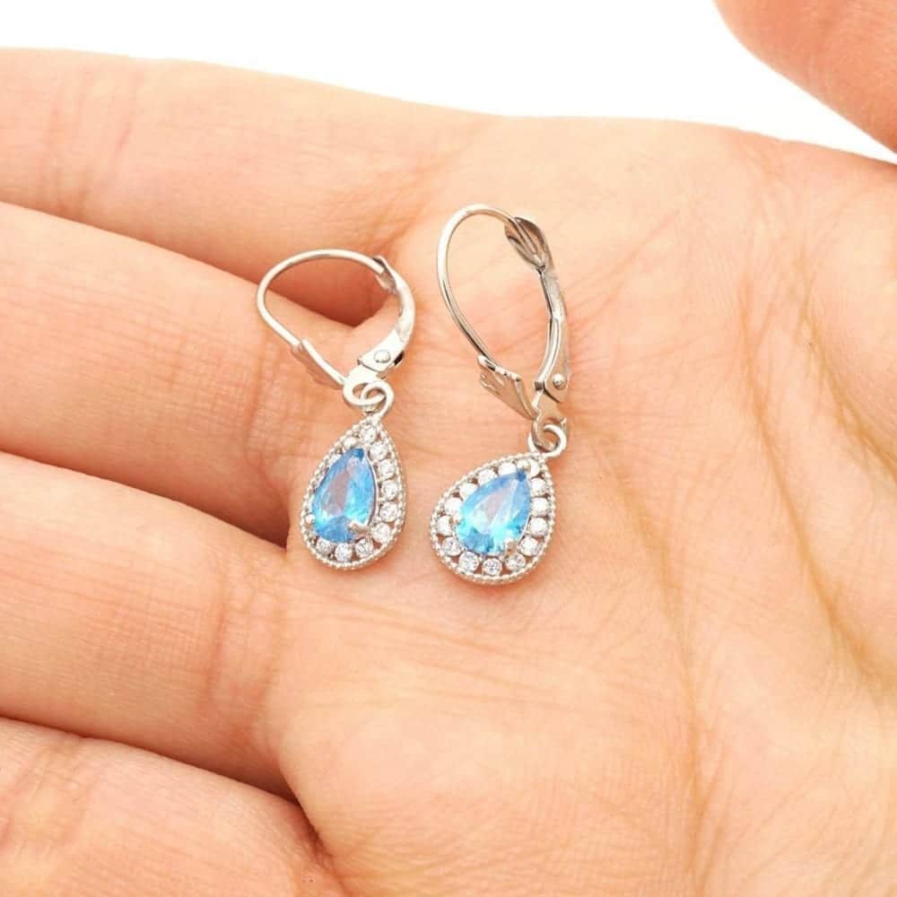 14K White Gold SimulatedBirthstone Halo Teardrop  Leverback Earrings