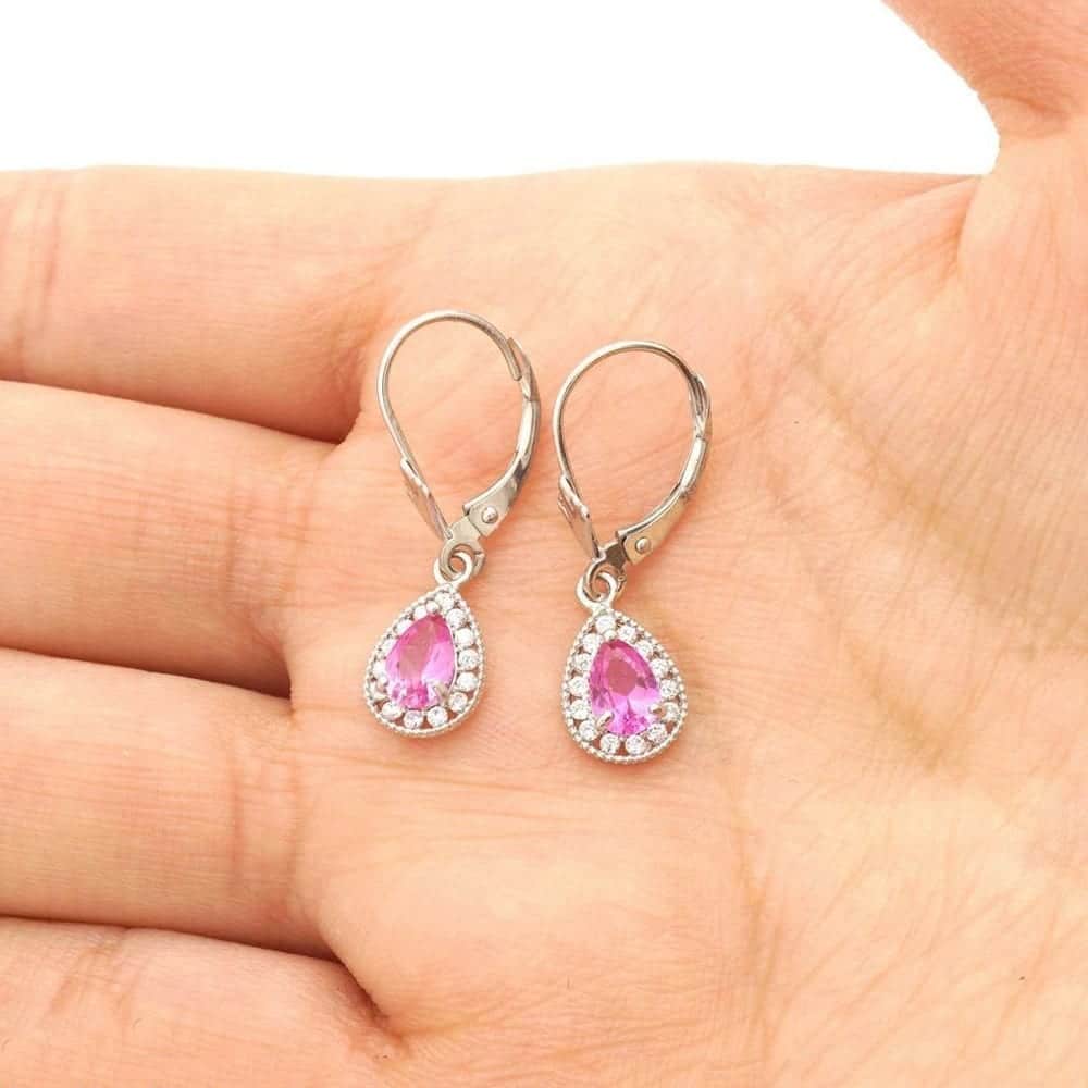 14K White Gold SimulatedBirthstone Halo Teardrop  Leverback Earrings