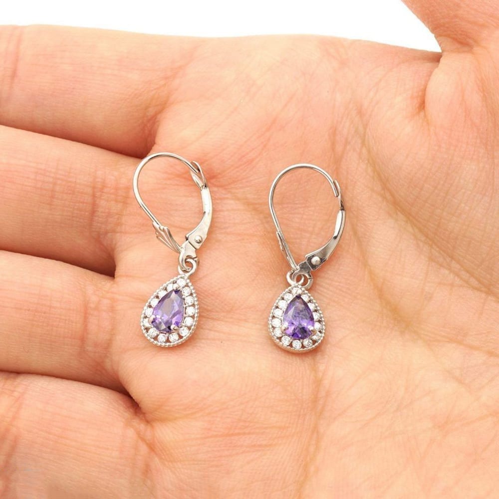 14K White Gold SimulatedBirthstone Halo Teardrop  Leverback Earrings