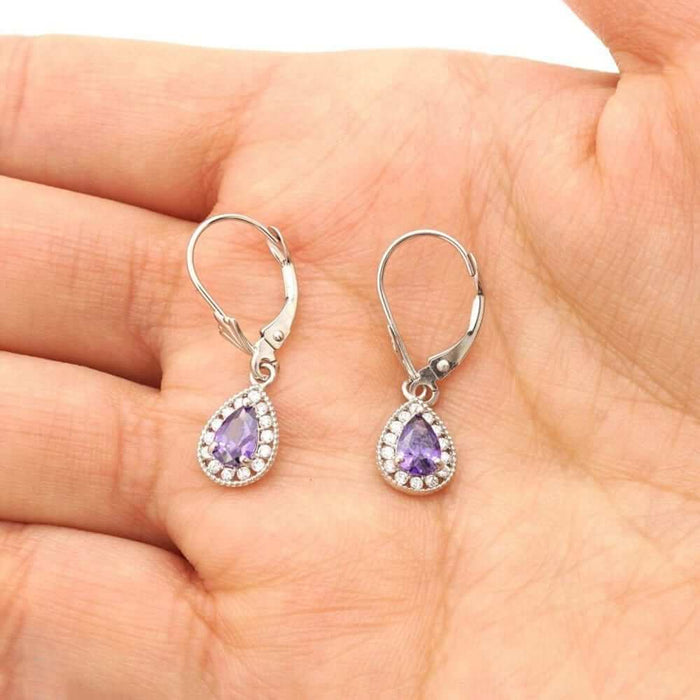 14K White Gold SimulatedBirthstone Halo Teardrop Leverback Earrings
