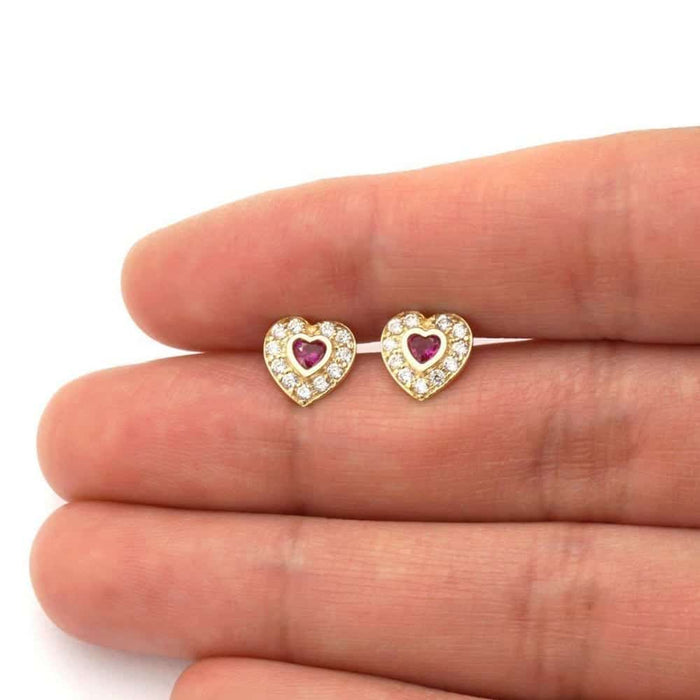 14k Yellow Gold White Gold Bezel Birthstone Heart Screw Back Earrings