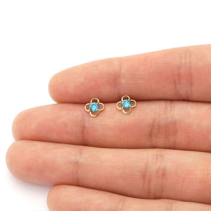 14k Yellow Gold Round Birthstone Quatrefoil Stud Screw Back Earrings