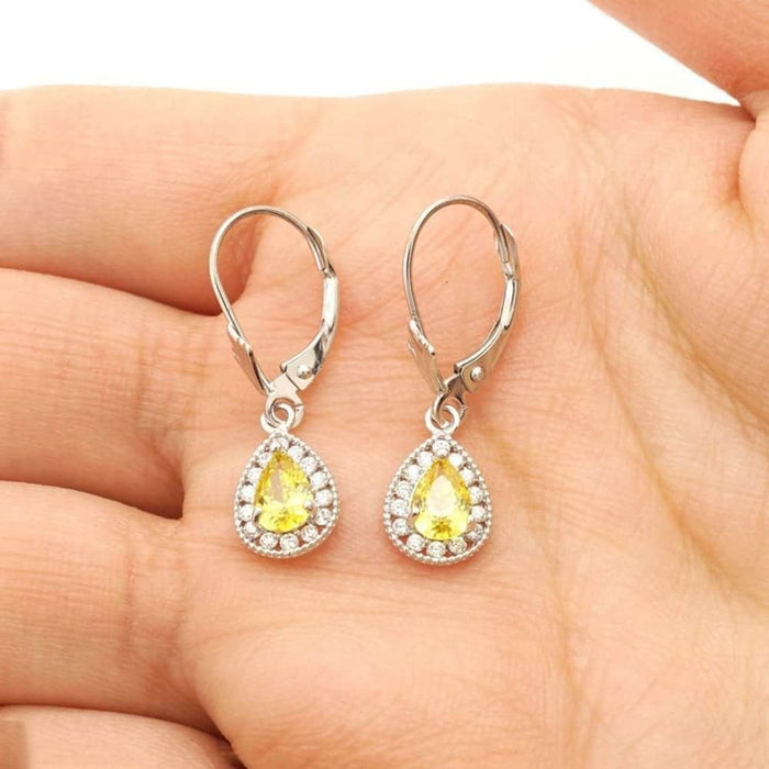14K White Gold SimulatedBirthstone Halo Teardrop Leverback Earrings