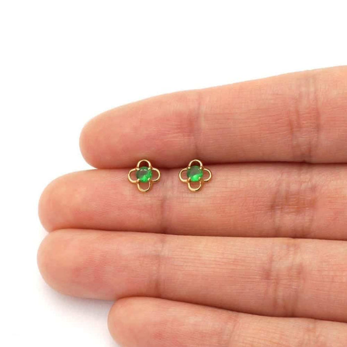 14k Yellow Gold Round Birthstone Quatrefoil Stud Screw Back Earrings