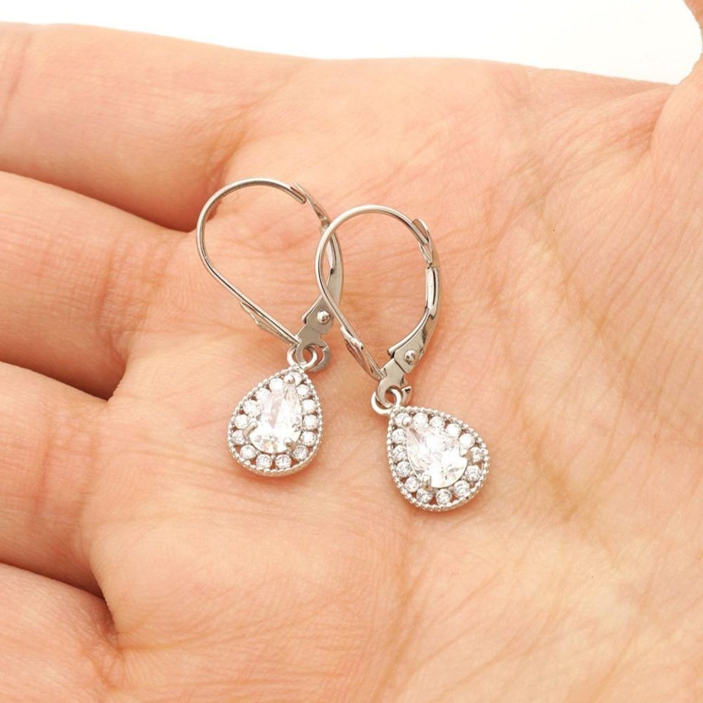 14K White Gold SimulatedBirthstone Halo Teardrop  Leverback Earrings