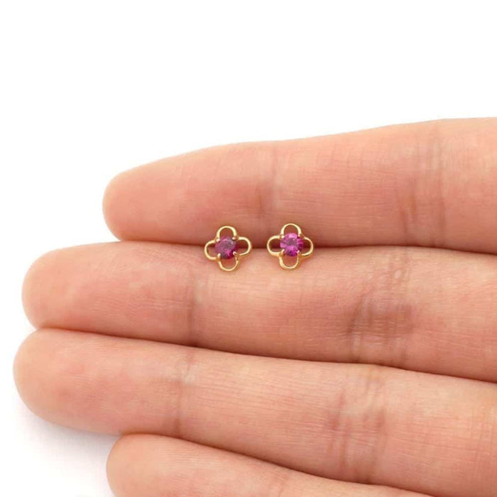 14k Yellow Gold Round Birthstone Quatrefoil Stud Screw Back Earrings