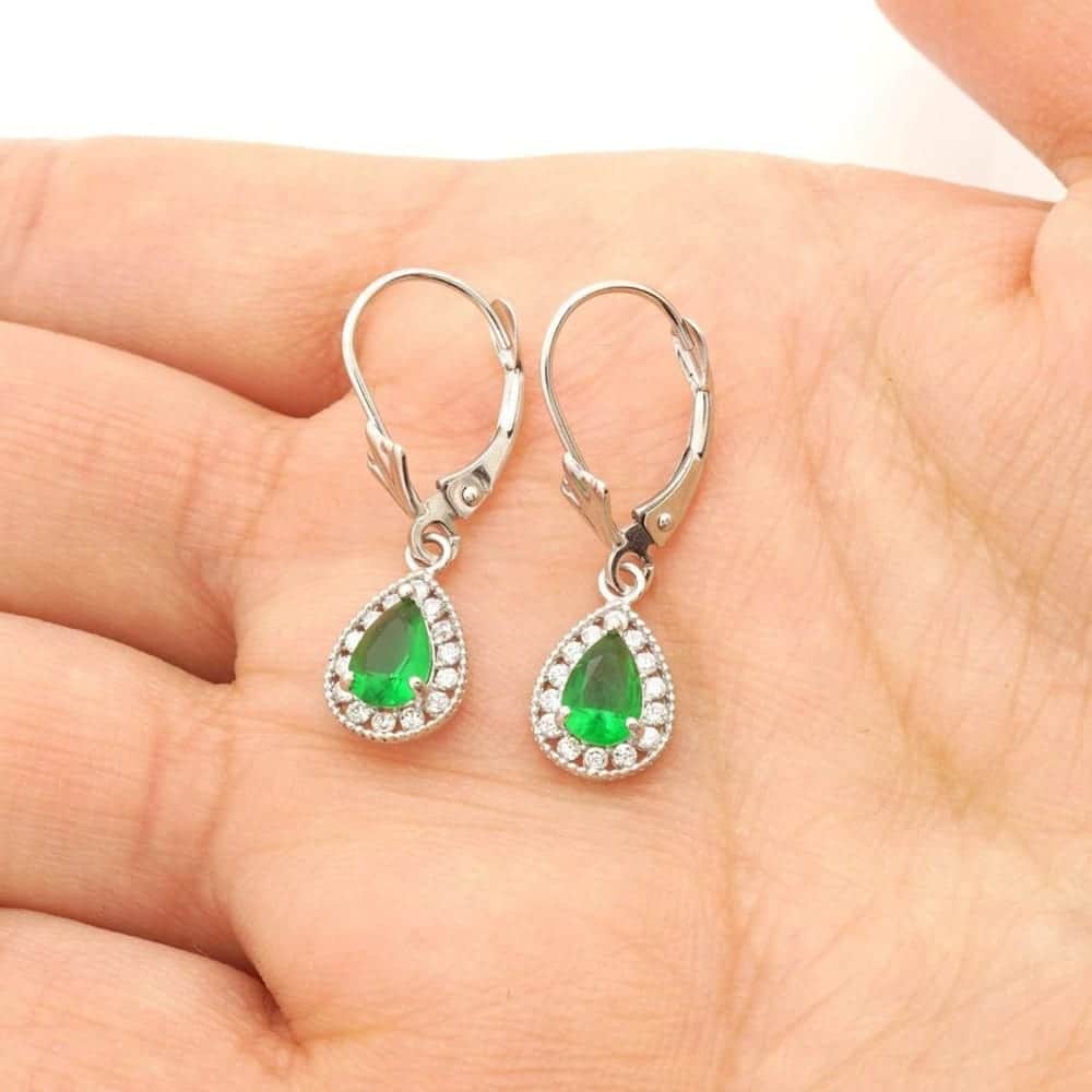 14K White Gold SimulatedBirthstone Halo Teardrop  Leverback Earrings