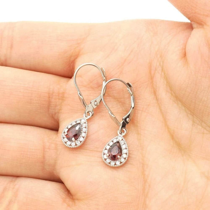 14K White Gold SimulatedBirthstone Halo Teardrop Leverback Earrings