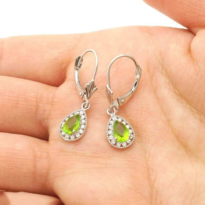 14K White Gold SimulatedBirthstone Halo Teardrop Leverback Earrings