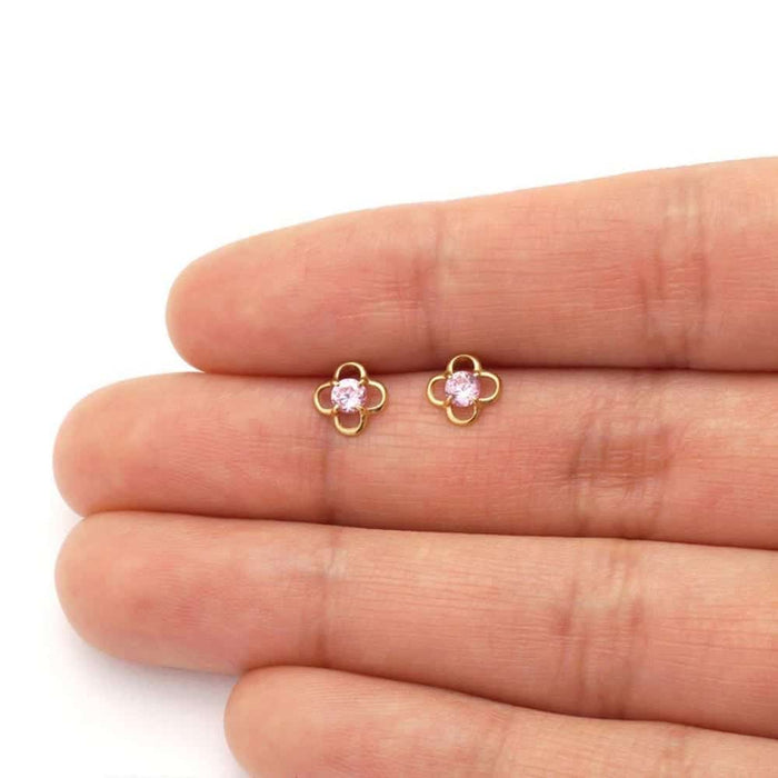 14k Yellow Gold Round Birthstone Quatrefoil Stud Screw Back Earrings
